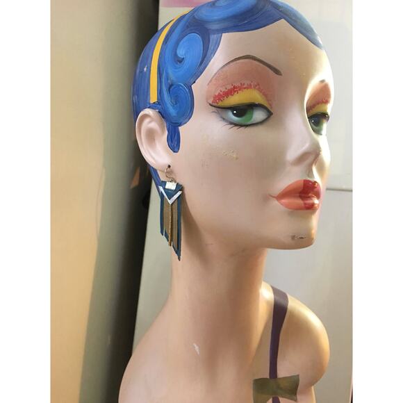 Western  Fringe Dark turquoise dark gold boho leather fringe statement earrings - Picture 4 of 10